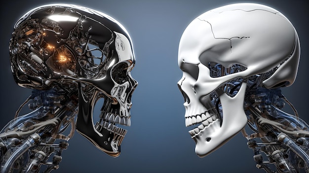 인공지능 대 인간: 인공 지능으로 구동되는 로의 머리가 인간의 두개골을 바라보는 현대 기술 로 또는 인간에 대한 기계