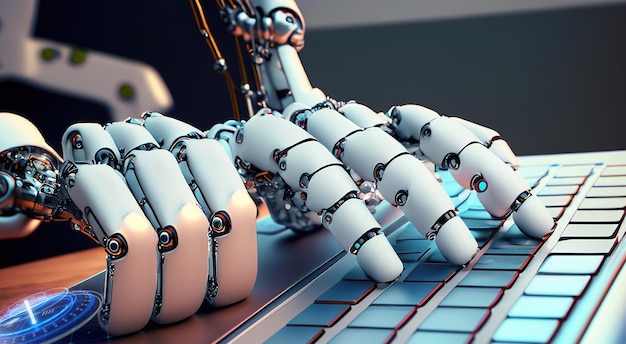 Artificial intelligence works The robot is typing Symbolizes technology progress discoveries