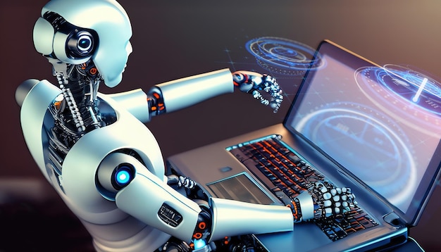 Artificial intelligence works The robot is typing Symbolizes technology progress discoveries