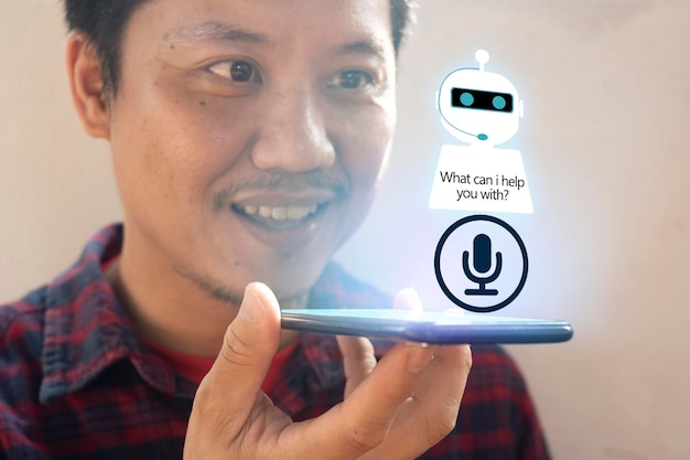 Foto intelligenza artificialeai chat bot concept mani che tengono il telefono cellulare