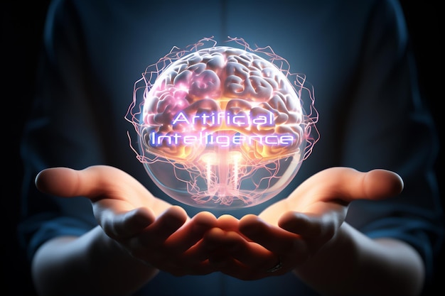 Photo artificial intelligent illustration robot brain in hands beautiful futuristic light