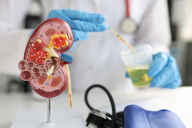 Artificial model of kidney and ureter of human standing on table of urologist doctor with urine test...