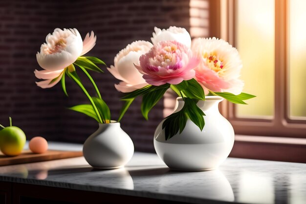 Fiori di peonie artificiali in vaso di ceramica bianca sul tavolo che  decorano l'interno della cucina con mattoni w