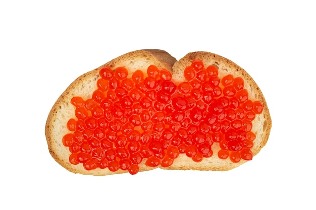 Artificial red caviar lies on a piece of white bread on a white background