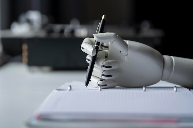 The artificial robotic arm write down some notes with pen