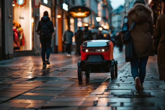 Artificiële intelligentie levering rode robot dienst rijden in de stad het leveren van voedsel