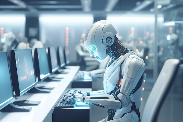 Artificiële intelligentie robot die aan de computer werkt in het kantoor IT-team Humanoïde ondersteuningscentrum Futuristische werknemer Werk in een callcenter