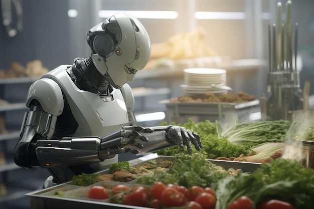 Foto artificiële intelligentie robot die in de keuken werkt humanoïde chef kok cyborg futuristische werknemer werk in de keuken