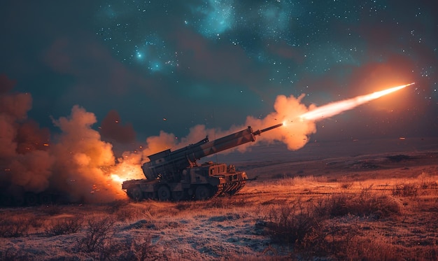 Photo artillery launching rocket at night nighttime operation of a missile launcher