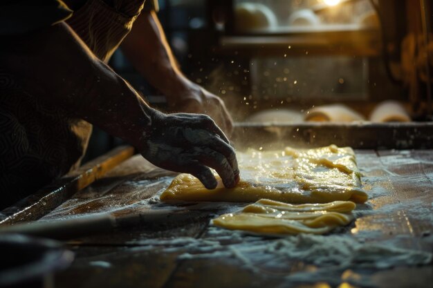 Foto un fornaio artigianale che impastano la pasta alla luce dorata