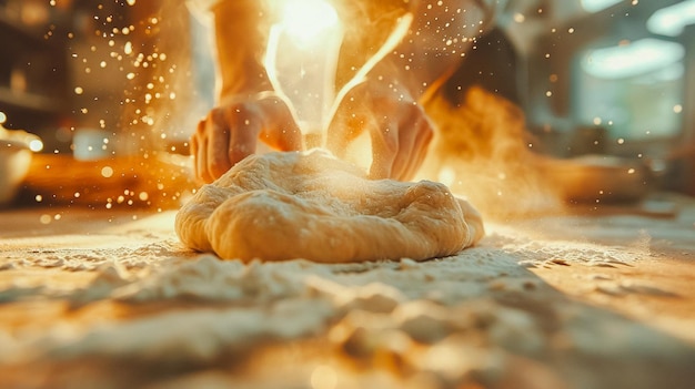 Фото Ремесленник-пекарь, измельчающий тесто с мукой burst closeup рук, замельчающих хлебное тесто с динамикой