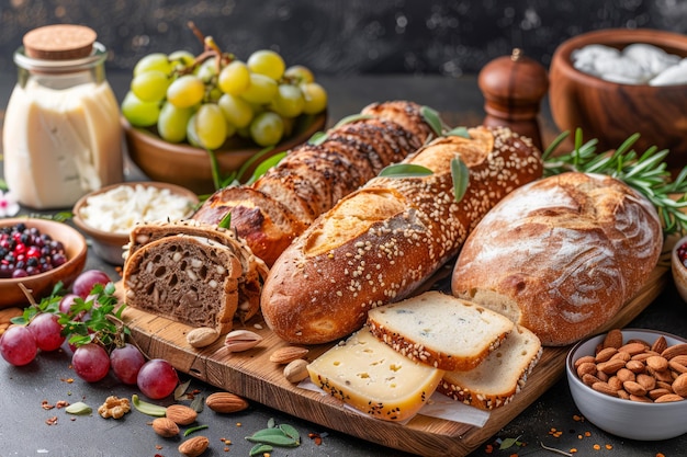 Artisan Bread Loaves with Cheese Slices Fresh Grapes Nuts and Dairy on Rustic Table for Gourmet