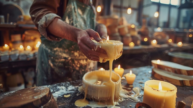 Artisan Candlemaker Pouring Melted Wax Creating Handcrafted Candles in Workshop