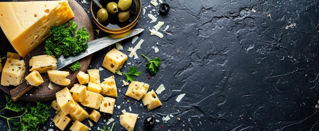 Artisan Cheese Assortment with Olives and Herbs on Rustic Dark Background