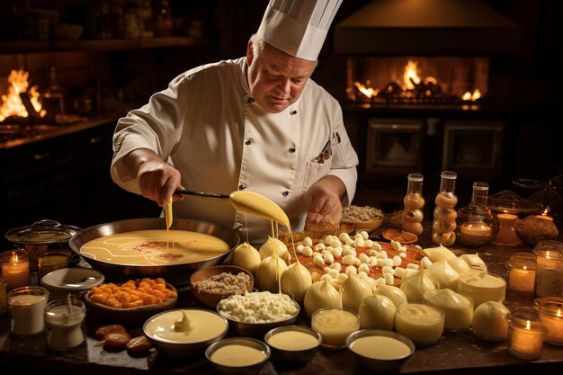 Artisan Chef Creating Fondue Masterpiece High quality Fondue image photography