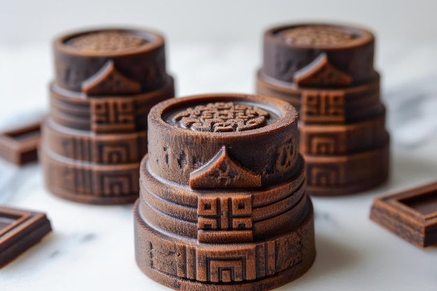 Photo artisan chocolate biscuits with ornate patterns stacked on a white surface