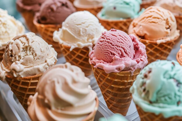 Artisan ice cream cones with toppings variety of flavors