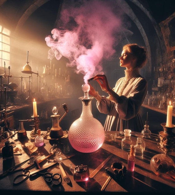 artisan perfume elixir potion maker pharmacist preparing product in medieval steampunk laboratory