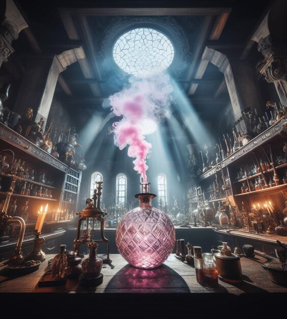 Photo artisan perfume elixir potion maker pharmacist preparing product in medieval steampunk laboratory