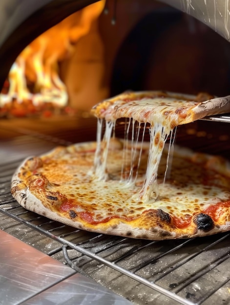 Artisan pizza slice with melting cheese being lifted woodfired ovens glow in the background