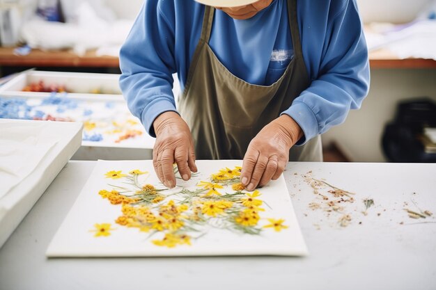 Foto artigiano che preme i fiori in fogli di carta fatti a mano