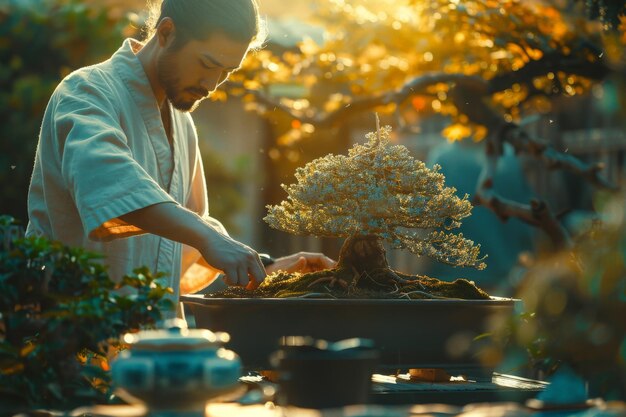 Artisan Pruning Bonsai Tree at Golden Hour