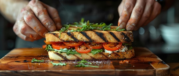 Photo artisan sandwich crafting by chef on wooden board concept chef demonstrating gourmet ingredients culinary creation handcrafted sandwich wooden platter