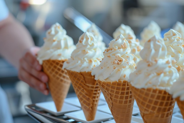 Artisan vanilla ice cream cones with toppings