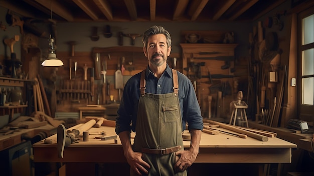 Artisan woodwork studio with shelving holding pieces of wood with a carpenter standing in his workshopCreated with Generative AI technology