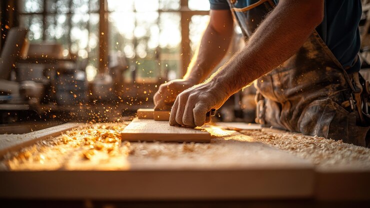 Photo artisan at work in a welllit woodworking studio