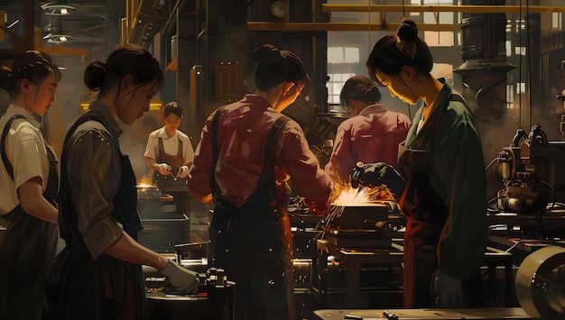 Artisan workshop bustling with activity workers engrossed in crafting vintage industrial scene depicting skilled labor perfect for historical contexts AI