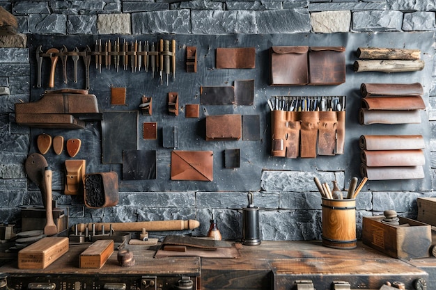 Artisan Workshop with Leather Crafting Tools and Materials on a Rustic Stone Wall Background