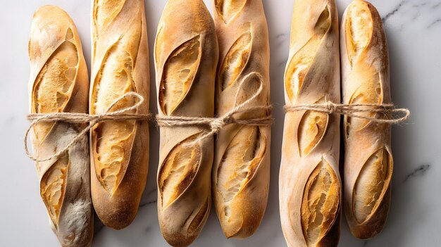 Photo artisanal baguettes tied with twine on marble surface