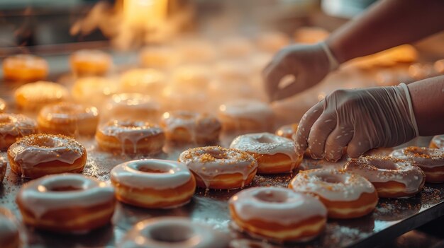 Foto un fornaio artigianale prepara ciambelle fresche con glassa e crumble in una luce da fornaio dorata