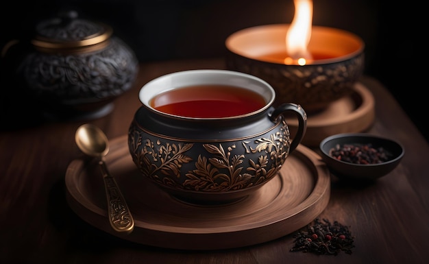 Photo artisanal black tea in a handcrafted bowl