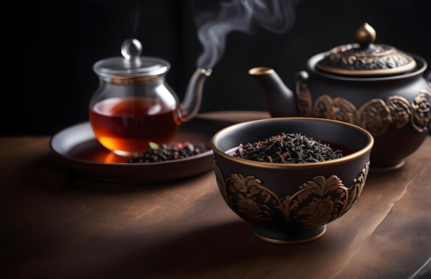 Photo artisanal black tea in a handcrafted bowl