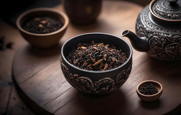 Photo artisanal black tea in a handcrafted bowl