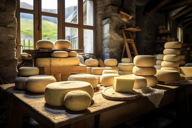 Artisanal cheeses age on wooden tables inside a rustic stonewalled cheese cellar invoking a traditional handcrafted atmosphere for gourmet food articles