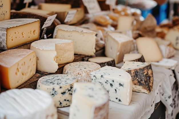 地元 の 市場 で 展示 さ れ て いる 手作り の チーズ