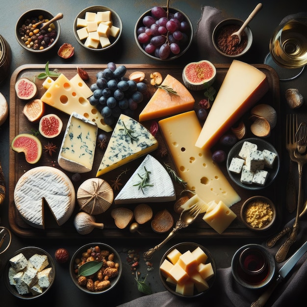 Photo artisanal cheeses and gourmet accompaniments on a cheeseboard table