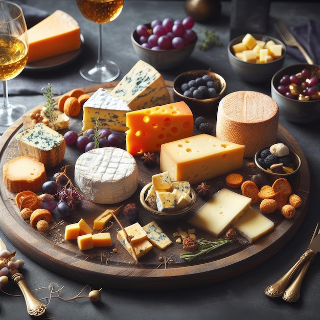 Photo artisanal cheeses and gourmet accompaniments on a cheeseboard table