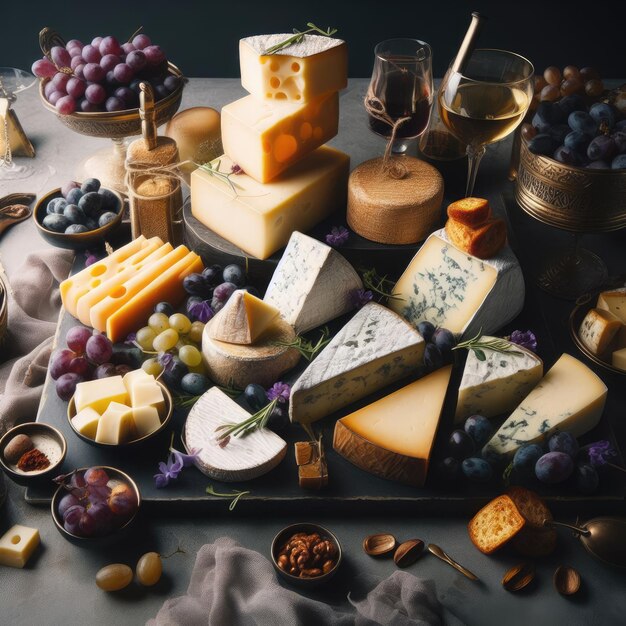 Photo artisanal cheeses and gourmet accompaniments on a cheeseboard table