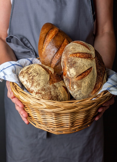 Artisanal freshly baked bread in the basket.