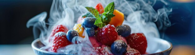 Фото Ремесленное мороженое в крупном плане, украшенное красочным набором свежих фруктов, демонстрирующих кулинарную кухню