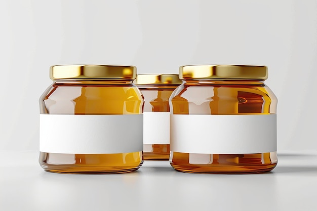 Photo artisanal honey jars with blank labels on white background