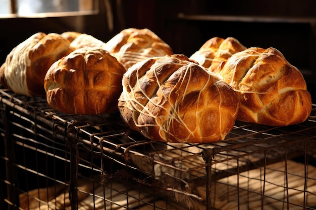 Artisanal loaves of bread cooling on wire rack