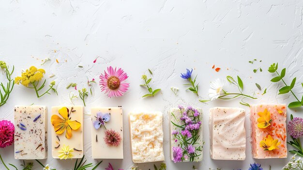 Photo artisanal natural soap adorned with flowers and greenery in a clean white surface generative ai