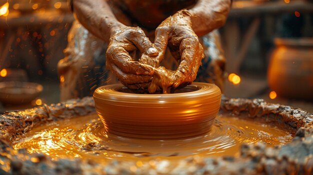 Photo artisanal potters wheel and clay blending craftsmanship the wheel blurs with the clay