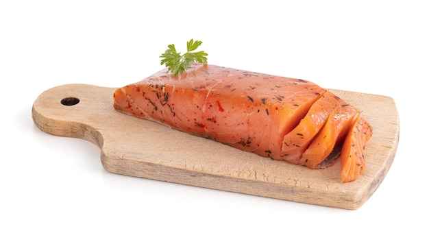 Artisanal smoked salmon on a cutting board