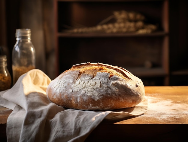 Artisanal Warmth Fresh Loaf of Bread Basking in Natural Light on Antique Table